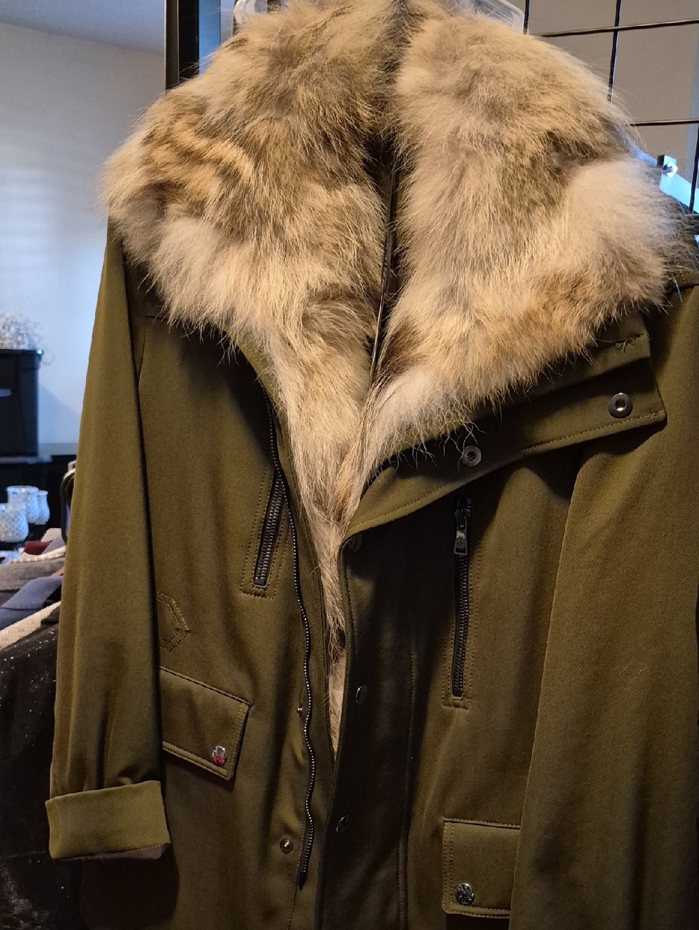 Roberto Cavalli Olive Green Coat with Fur Trim